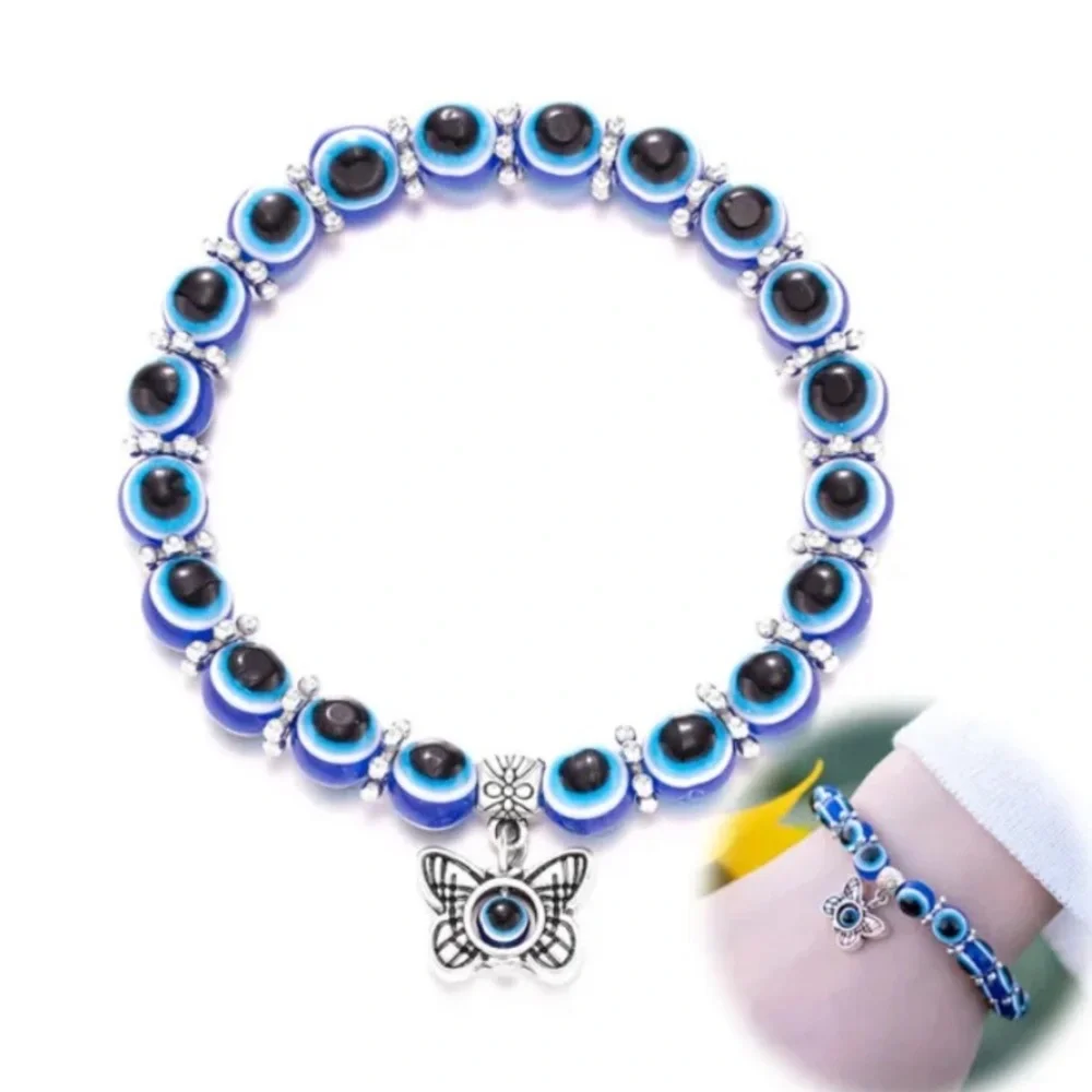 NWT Bright Blue Black Beaded Butterfly Lucky Bracelet Meditation - Picture 4 of 8